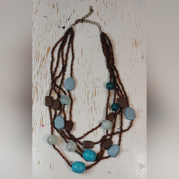 Jewelry - Multistrand Brown Seed Beads Turquoise Glass Beads Necklace 16.5 inches Jewelry